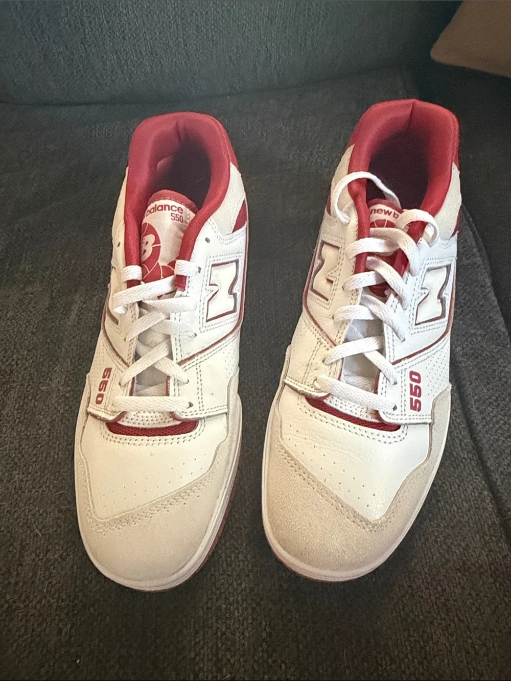 New Balance White and Red 550 Athletic Sneakers